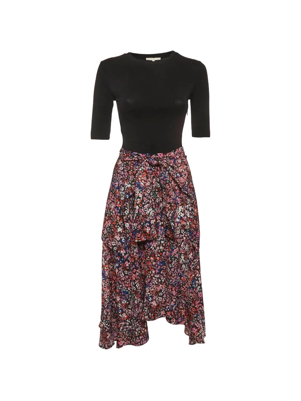 Maje Floral High-Low Tiered Skirt in Black Multi